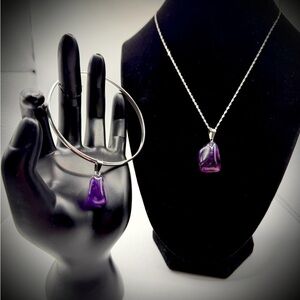 Elegant set of silver plate bracelet & 925 necklace w/natural Amethyst gemstones